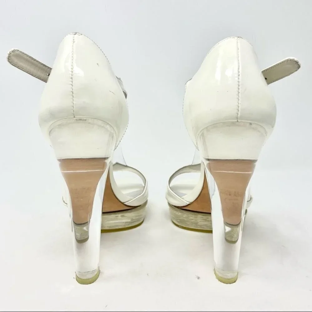 Stuart Weitzman White Patent Leather T Strap Perspex Platform Heels Size 7.5